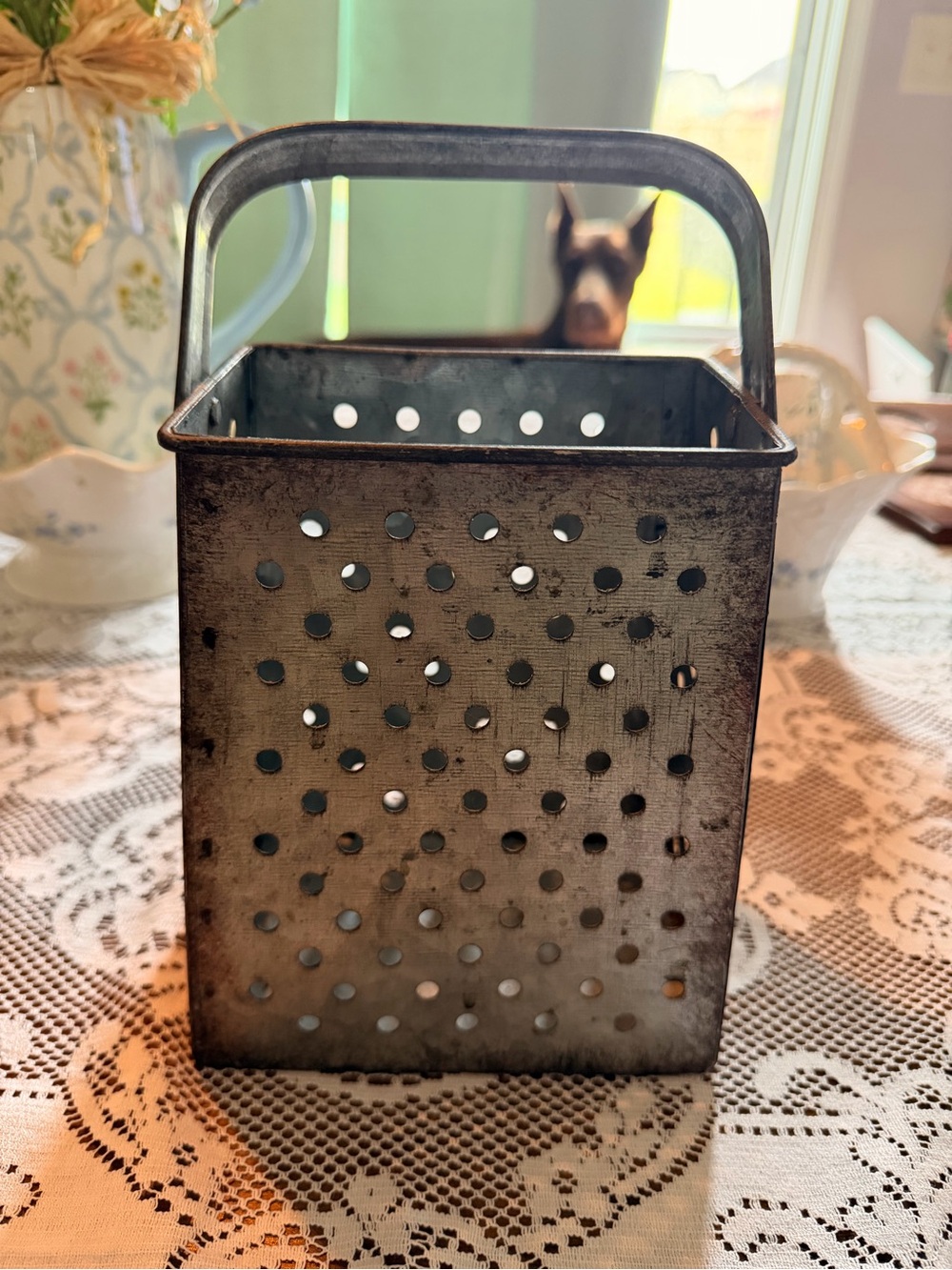Vintage-Style Metal Utensil Holder in Aged Gray
